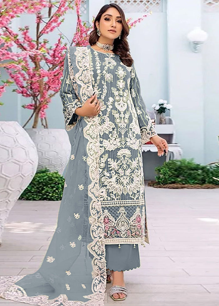 3 Pc Grey Semi Stitched Georgette Suit Set Quality Free Shipping Low Pice