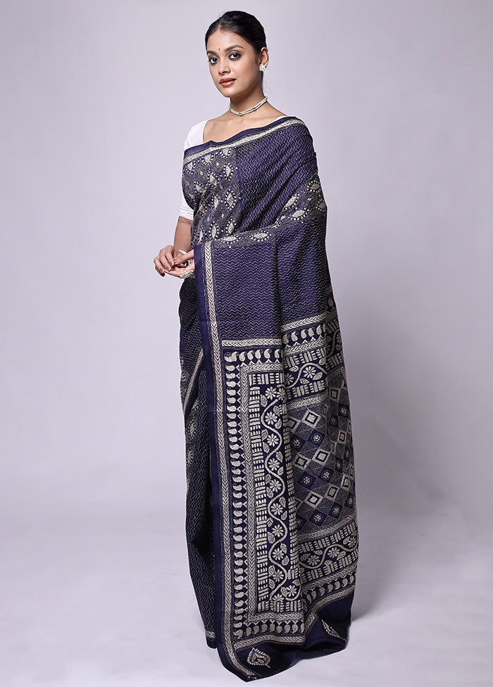 Blue Handloom Kantha Stitch Pure Silk Saree With Blouse Piece For Sale Free Shipping