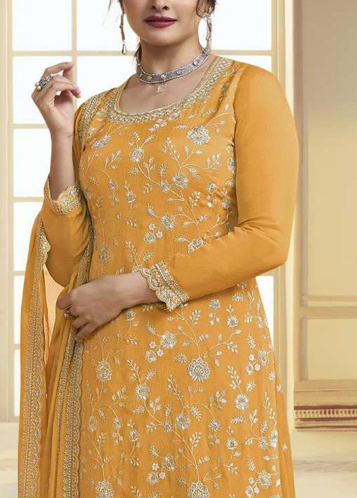 3 Pc Mustard Semi Stitched Silk Suit Set Sale Get To Buy