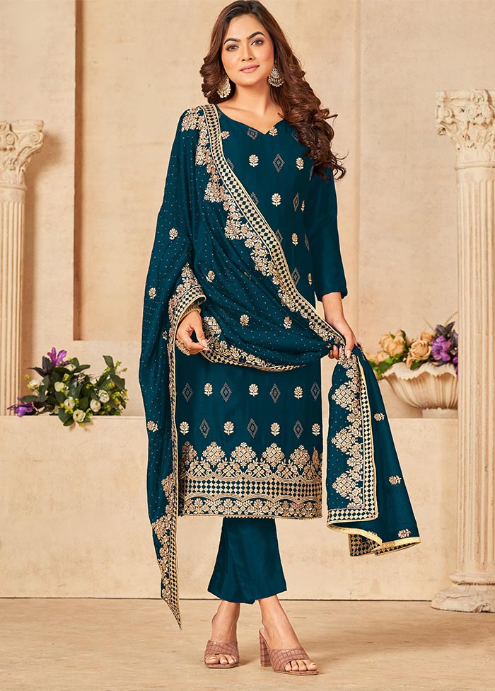 3 Pc Teal Semi Stitched Georgette Suit Set Clearance Nicekicks