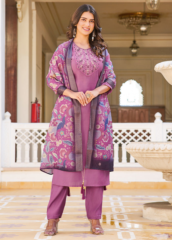 3 Pc Purple Readymade Silk Dupatta Suit Set Discount In China