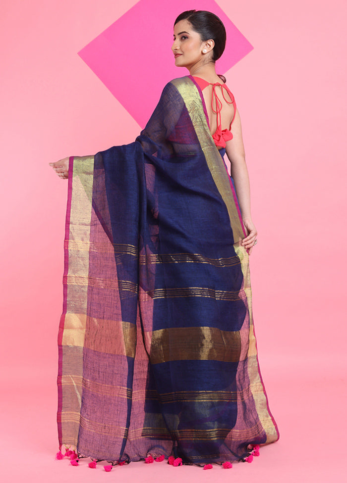 Blue Linen Silk Saree With Blouse Piece 2025 Cheap Pice