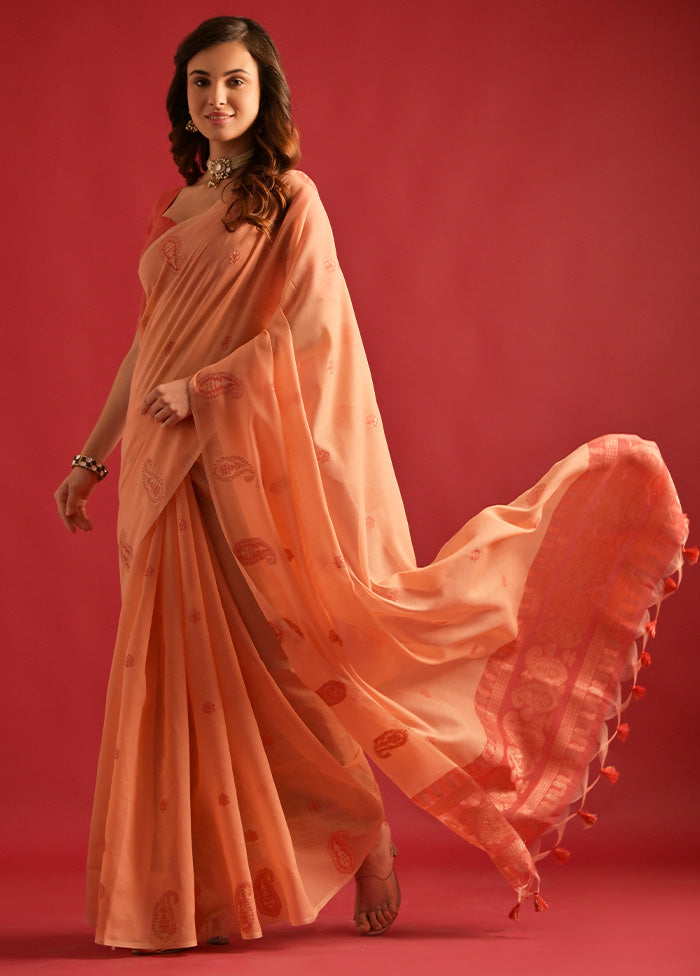 Peach Pure Cotton Saree With Blouse Piece Sale Low Cost