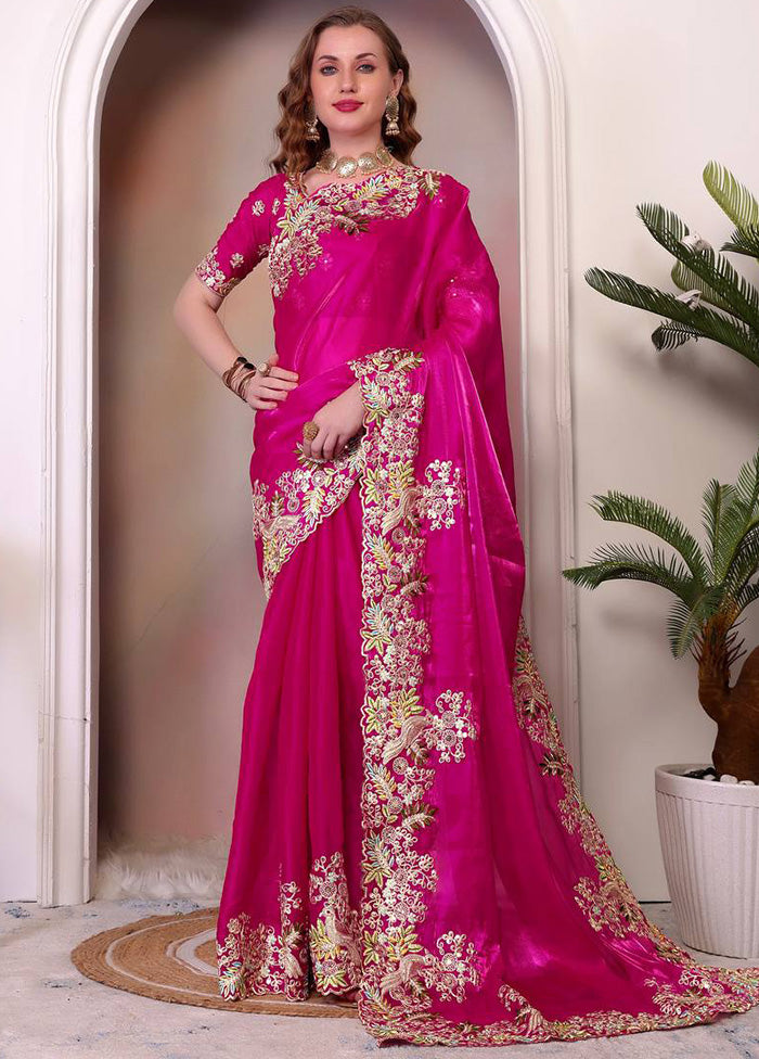 Pink Spun Silk Saree With Blouse Piece Free Shipping 100% Original