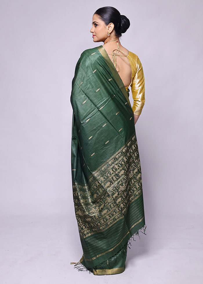 Green Handloom Tussar Pure Silk Saree With Blouse Piece Original For Sale