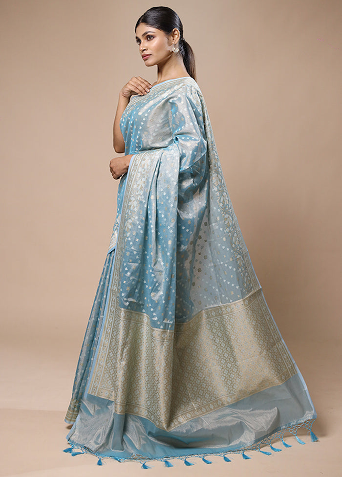 Blue Tissue Silk Saree With Blouse Piece High Quality