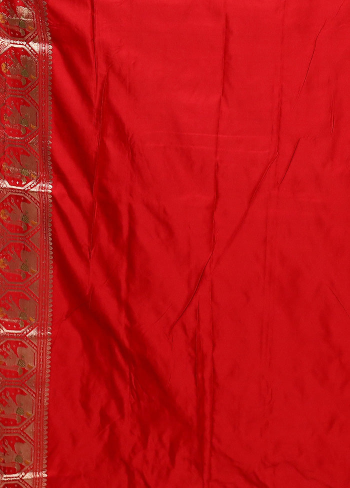 Red Handloom Banarasi Pure Silk Saree With Blouse Piece Pay With Visa For Sale