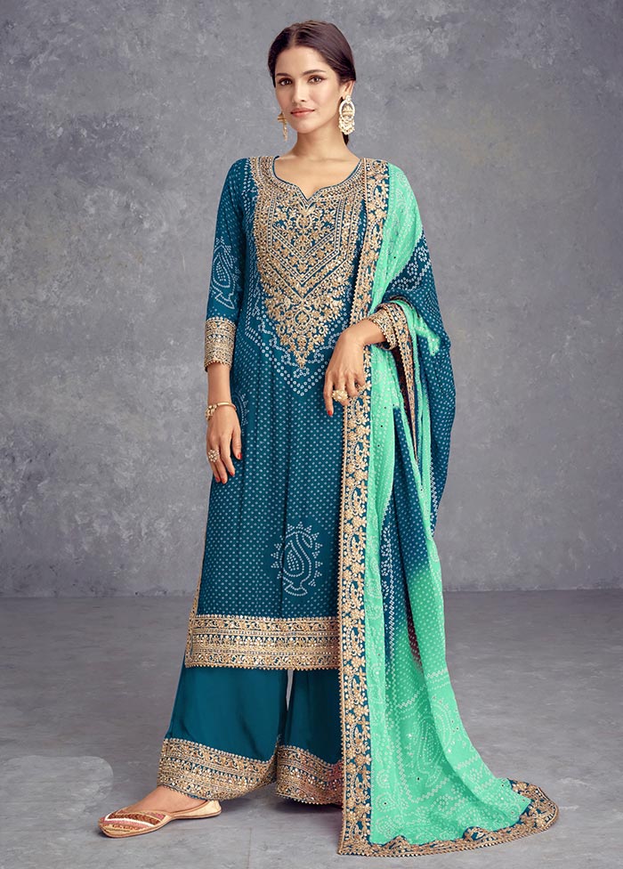 3 Pc Teal Semi Stitched Silk Suit Set Free Shipping Deals