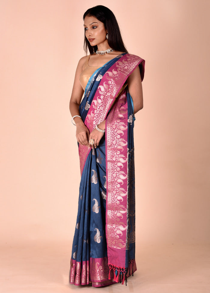 Blue Cotton Saree With Blouse Piece Wide Range Of Cheap Pice