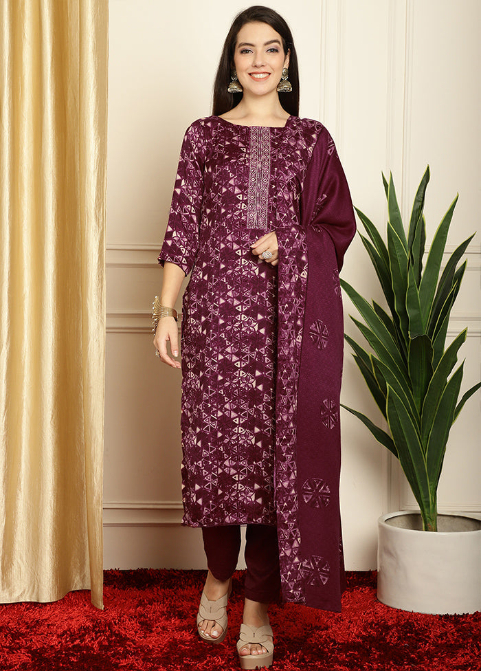 3 Pc Wine Unstitched Pashmina Suit Set Cheap Sale 100% Original