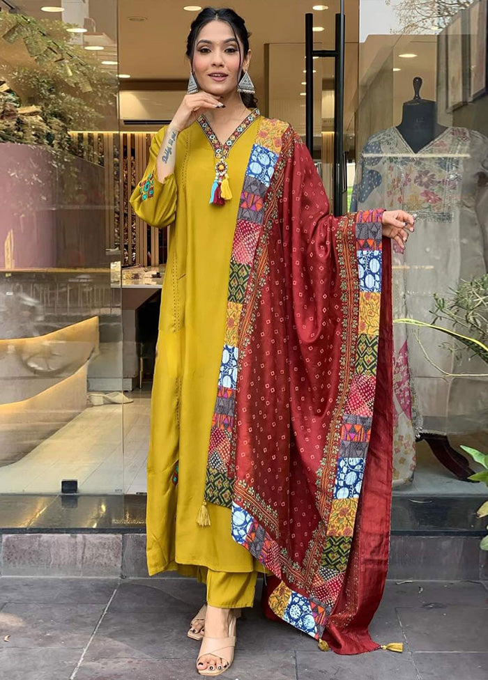 3 Pc Mustard Readymade Viscose Suit Set Low Cost Online