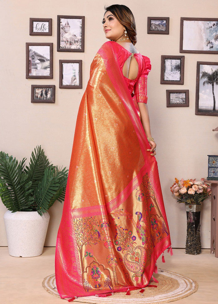 Orange Banarasi Silk Saree With Blouse Piece Fast Delivery Online