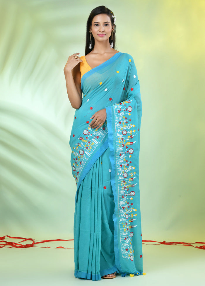 Sea Green Cotton Saree With Blouse Piece Free Shipping 2025 New