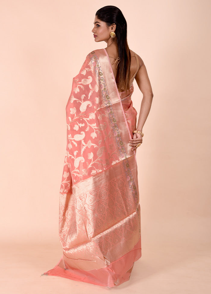 Peach Kota Cotton Saree With Blouse Piece Cheap Sale Buy