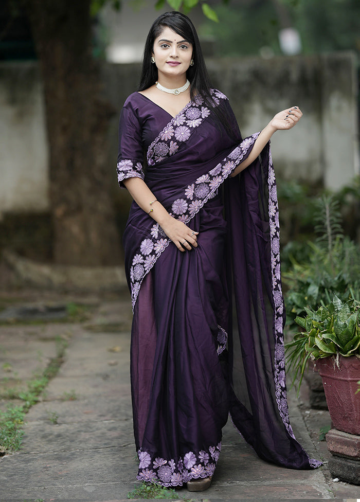 Purple Spun Silk Saree With Blouse Piece Cheap Best Sale