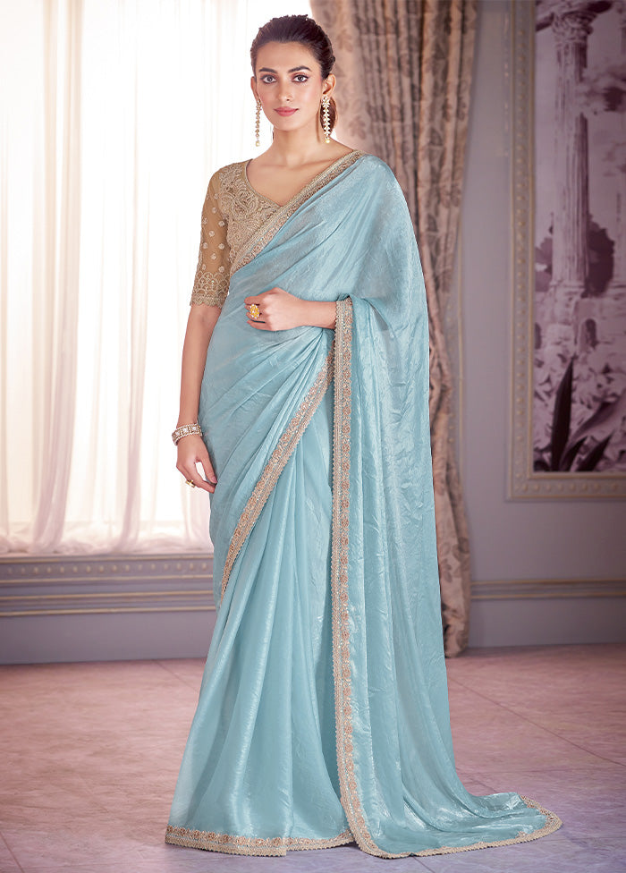 Turquoise Satin Silk Saree With Blouse Piece Best Wholesale Cheap Pice