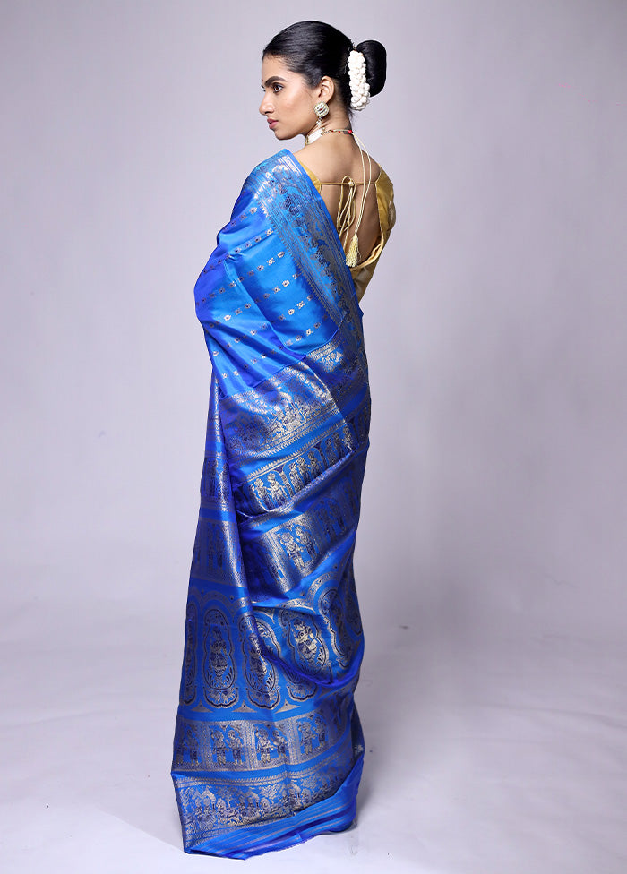 Blue Handloom Baluchari Pure Silk Saree With Blouse Piece Free Shipping Manchester