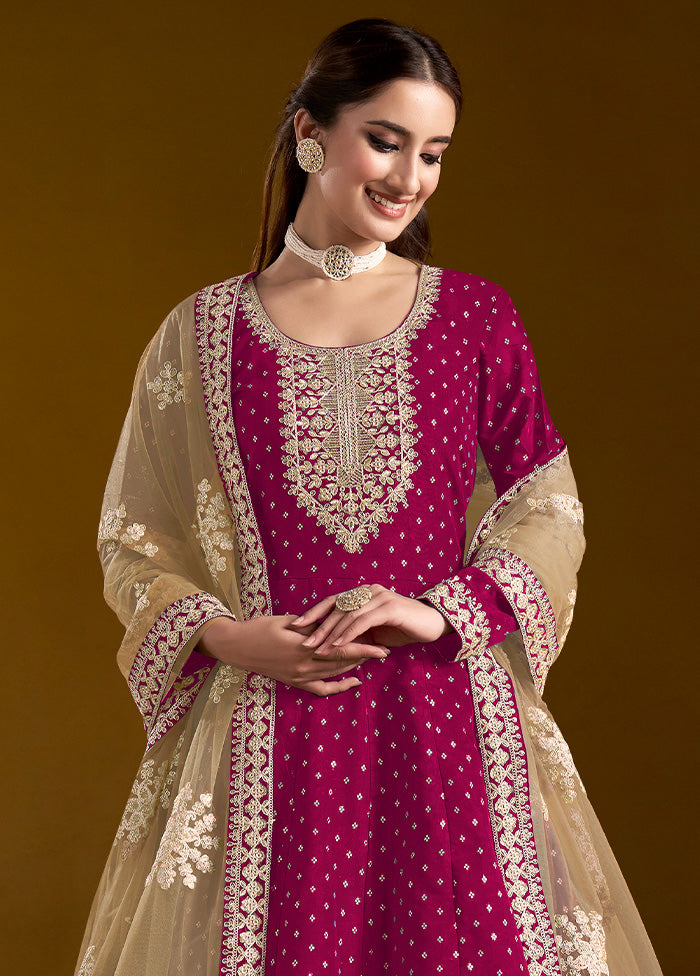 3 Pc Pink Semi Stitched Chanderi Suit Set Visit