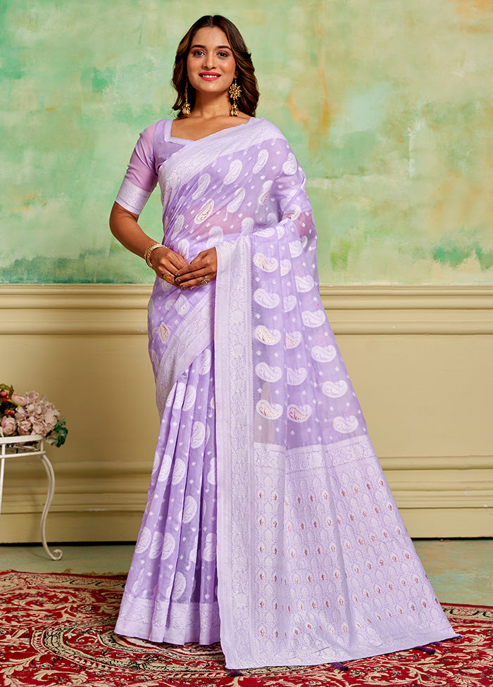 Lavender Cotton Saree With Blouse Piece Pices For Sale