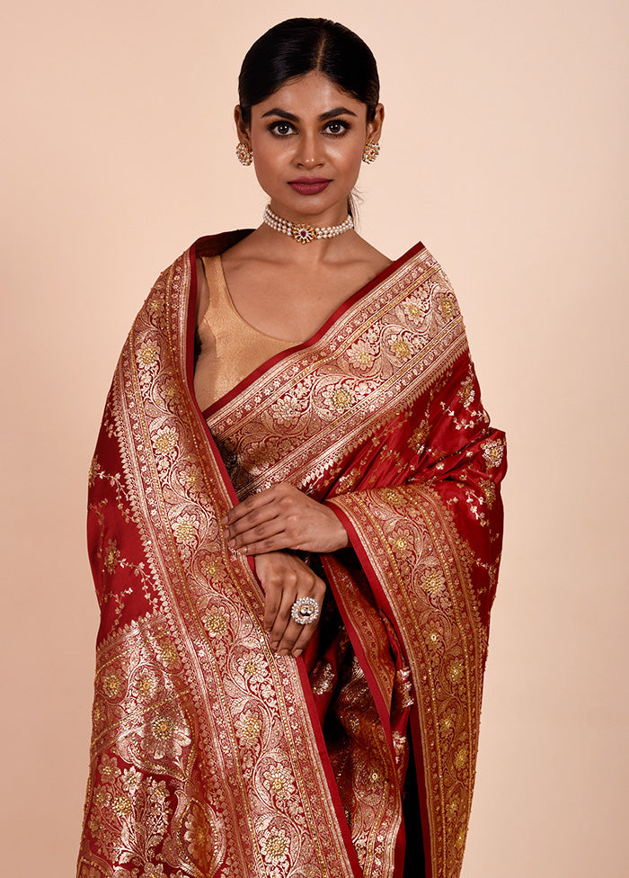 Maroon Banarasi Silk Saree With Blouse Piece Outlet Countdown Package