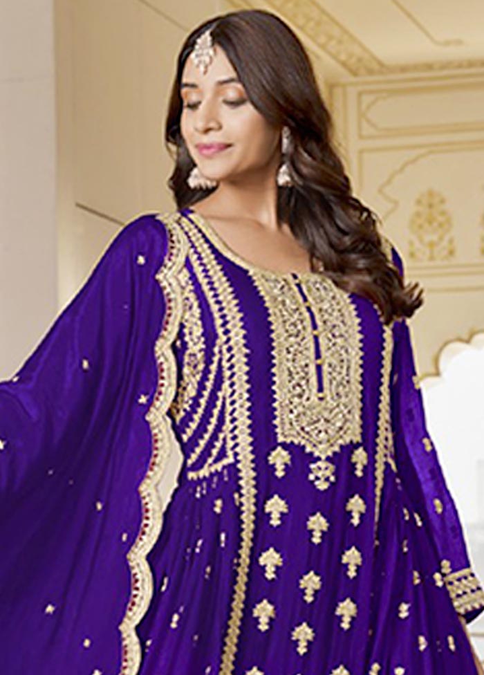 3 Pc Purple Semi Stitched Silk Suit Set Online Online Cheap Pice