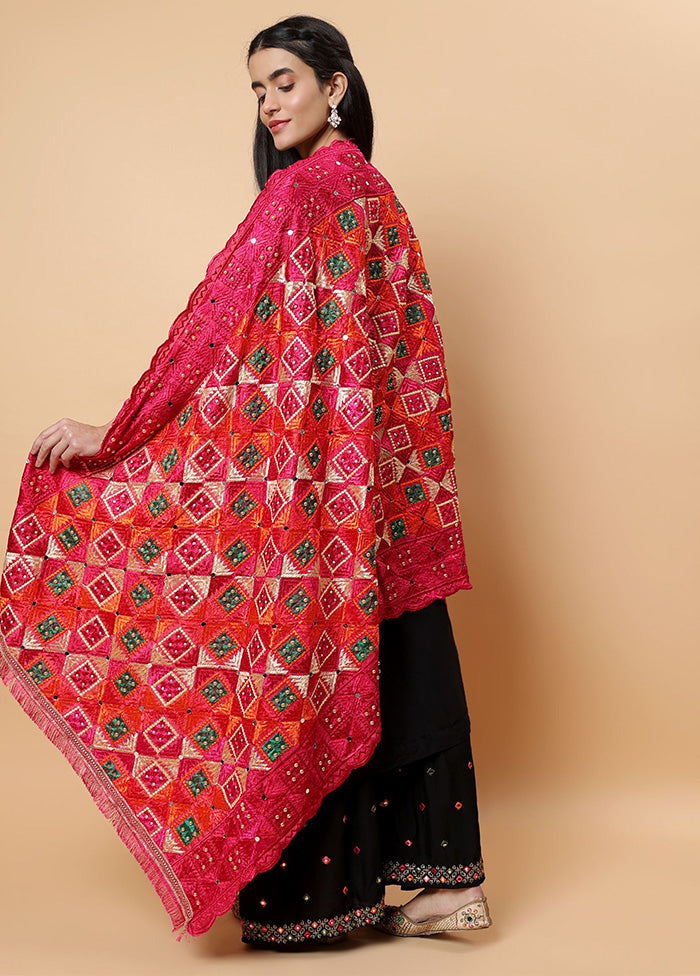 Magenta Chinon Phulkari Work Dupatta Pictures Online