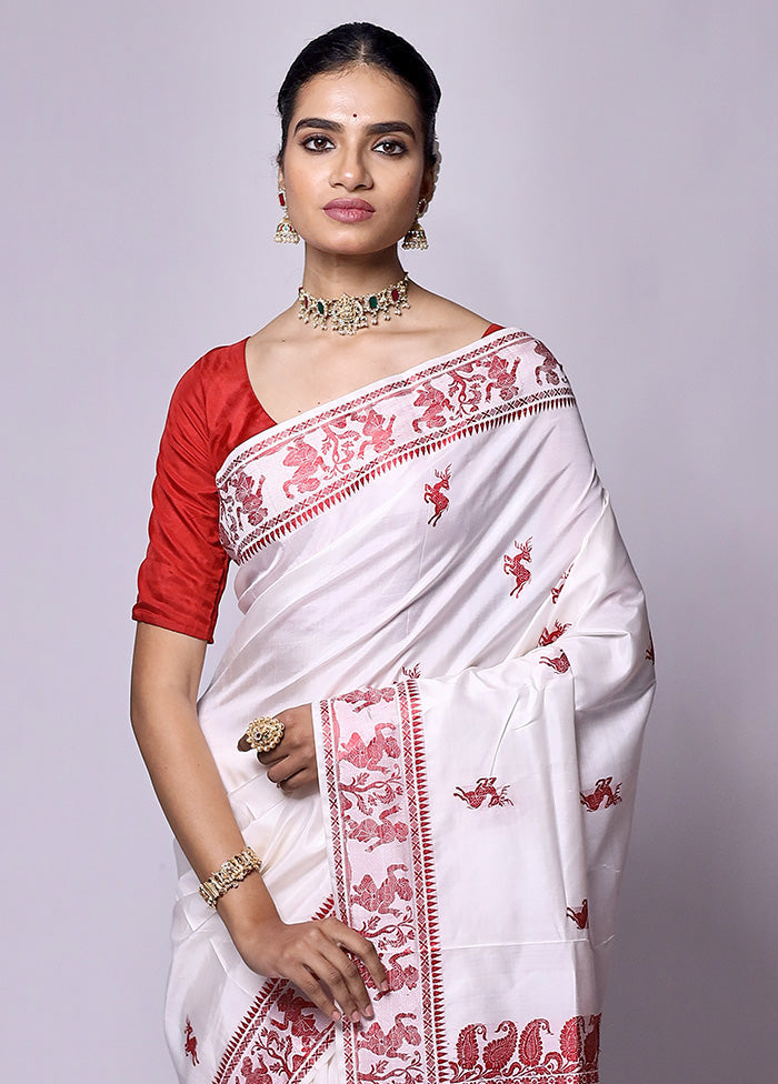 White Handloom Baluchari Pure Silk Saree With Blouse Piece Recommend Cheap Online