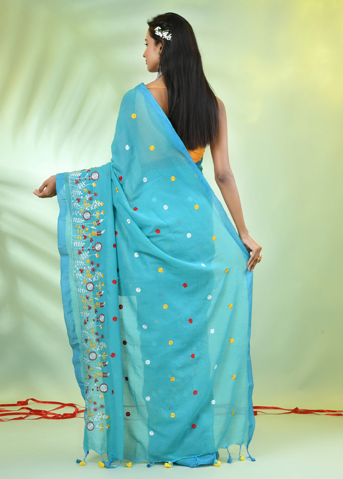 Sea Green Cotton Saree With Blouse Piece Free Shipping 2025 New