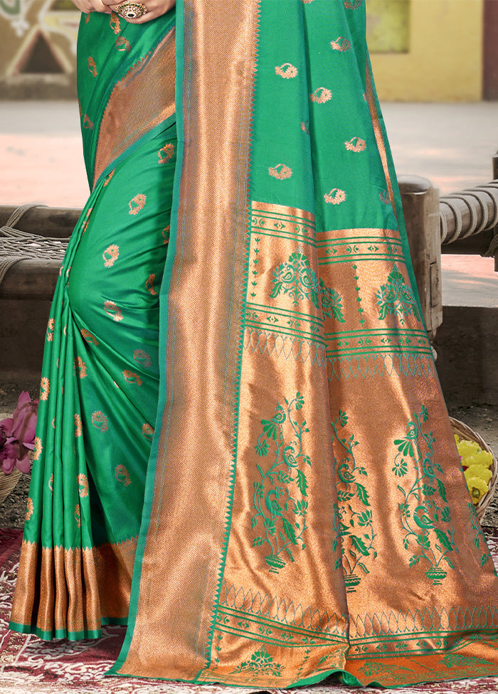 Rama Green Spun Silk Saree With Blouse Piece Sale Cheap Pice