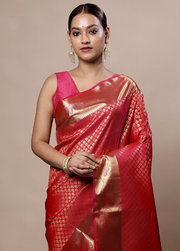 Pink Kanjivaram Silk Saree With Blouse Piece Big Discount Cheap Pice