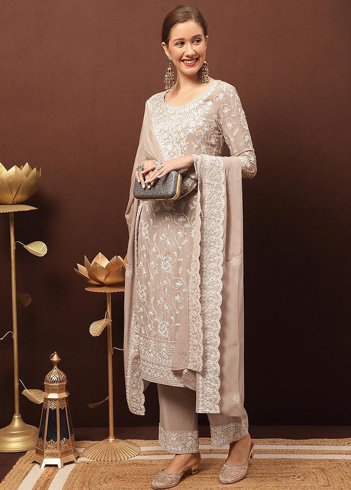 3 Pc Beige Unstitched Suit Set With Dupatta Discount Authentic Online