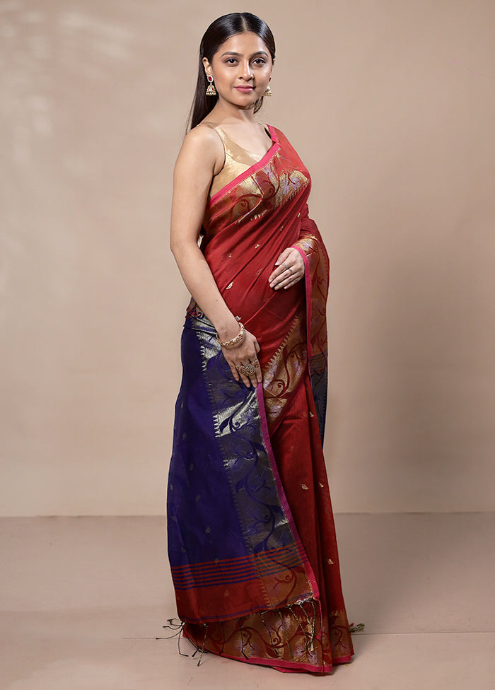 Red Khadi Cotton Saree With Blouse Piece Cheap Cost