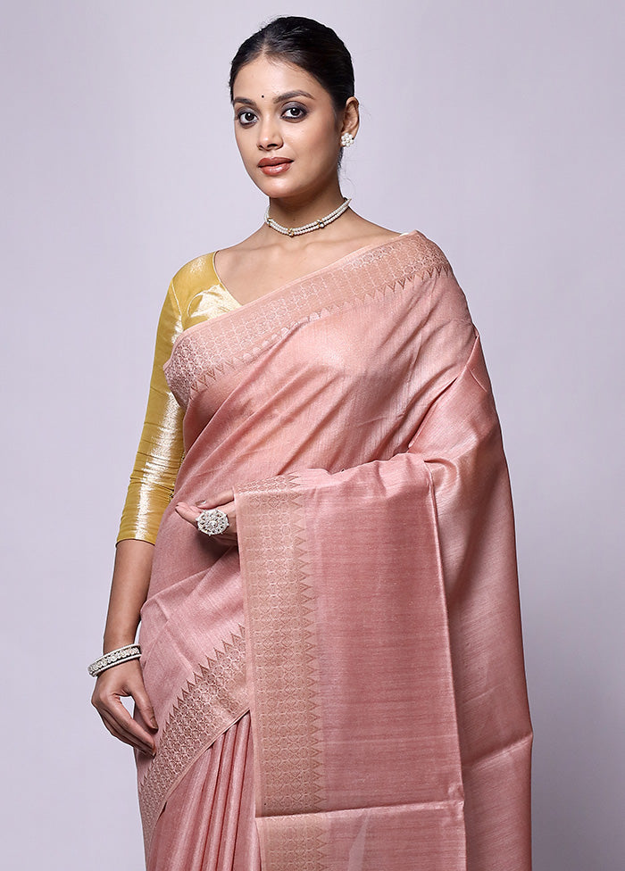 Pink Tussar Silk Saree With Blouse Piece Cheap With Credit Card