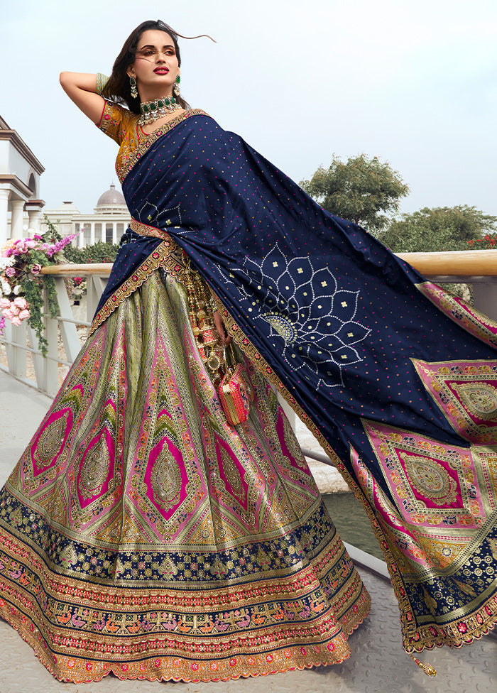 3 Pc Multicolor Silk Semi Stitched Lehenga Set Outlet Order