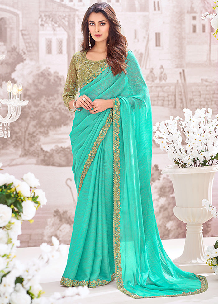 Turquoise Georgette Saree With Blouse Piece Clearance Supply