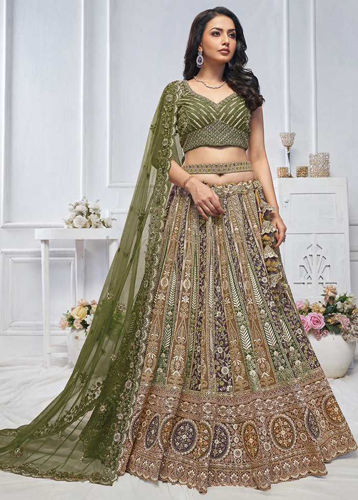 3 Pc Green Net Semi Stitched Lehenga Set Outlet Low Shipping Fee