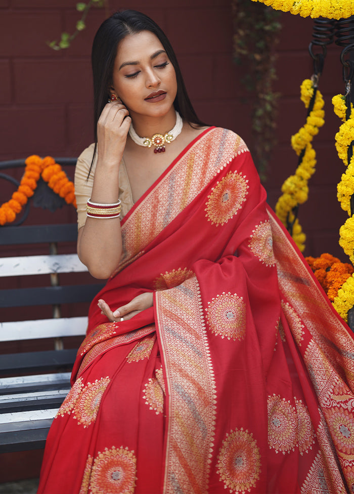 Red Handloom Pure Georgette Saree With Blouse Piece Free Shipping For Sale