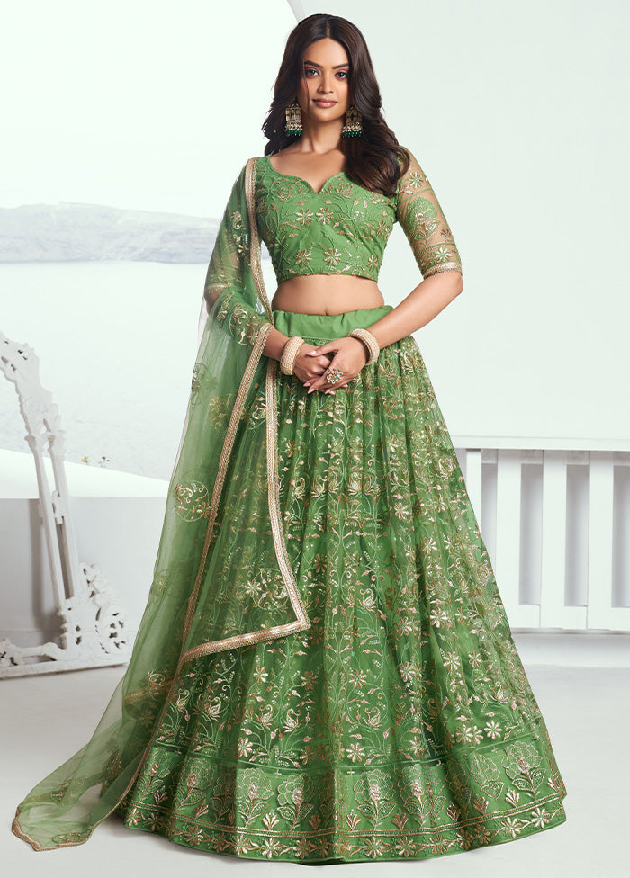 3 Pc Pista Green Net Semi Stitched Lehenga Set Free Shipping Wholesale Pice