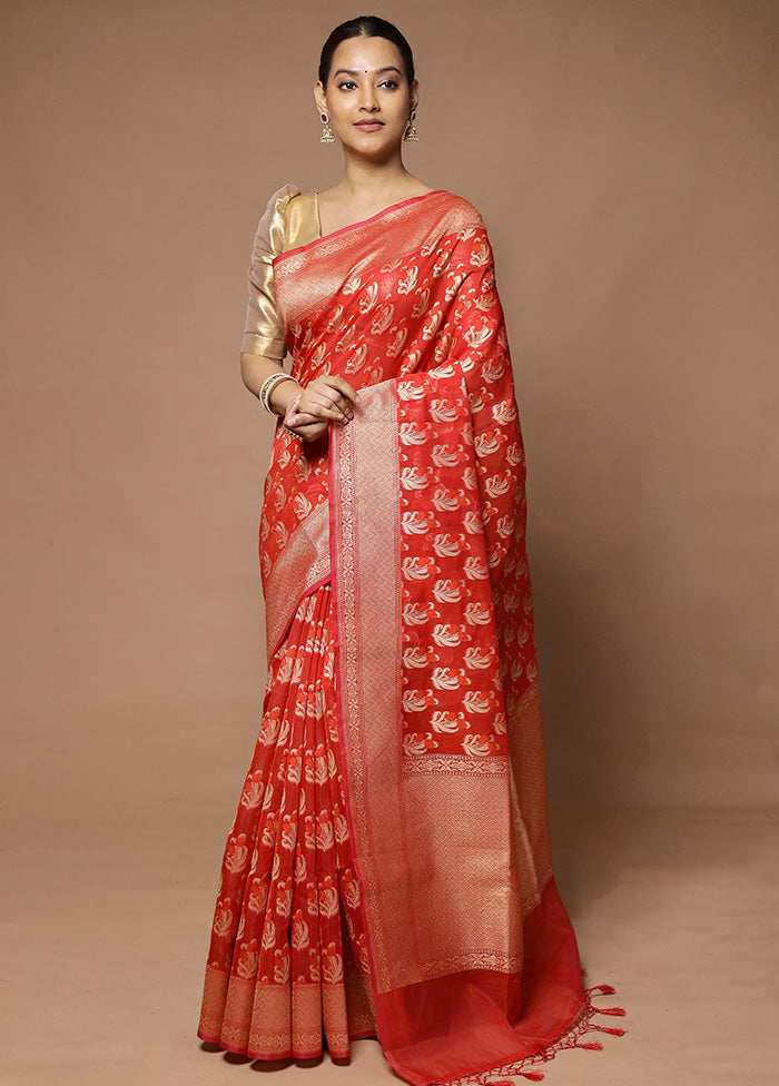 Red Kora Silk Saree With Blouse Piece High Quality Cheap Pice