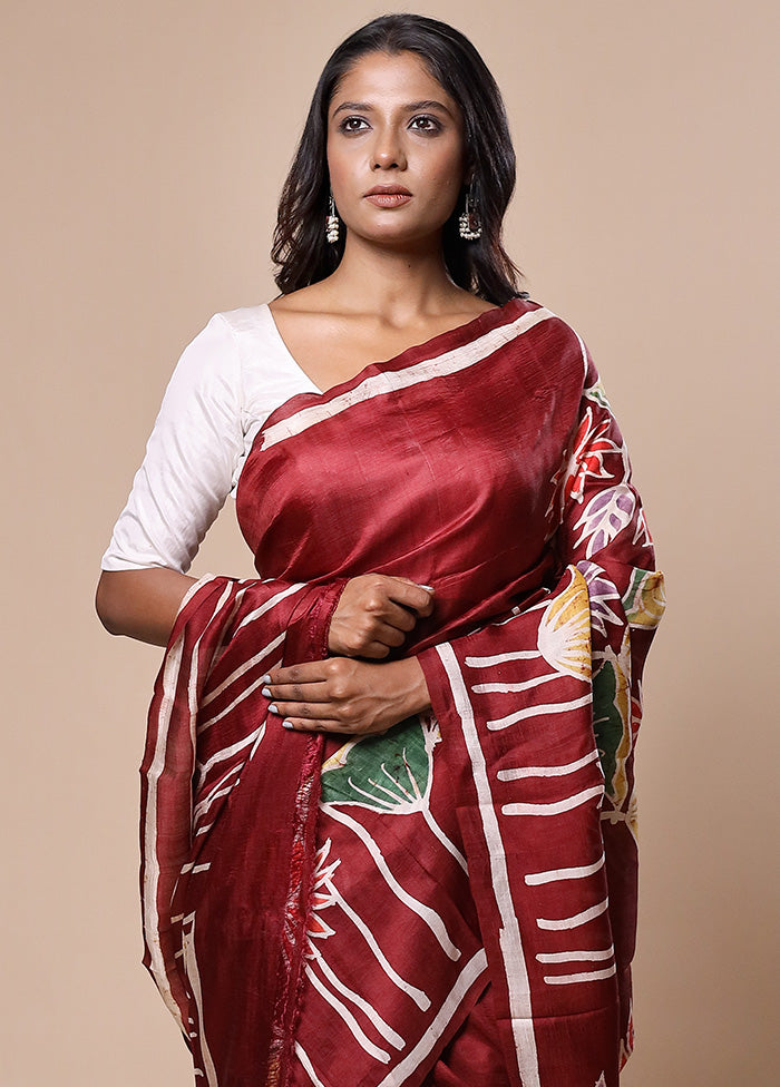 Maroon Printed Pure Silk Saree Without Blouse Piece Clearance Get Authentic