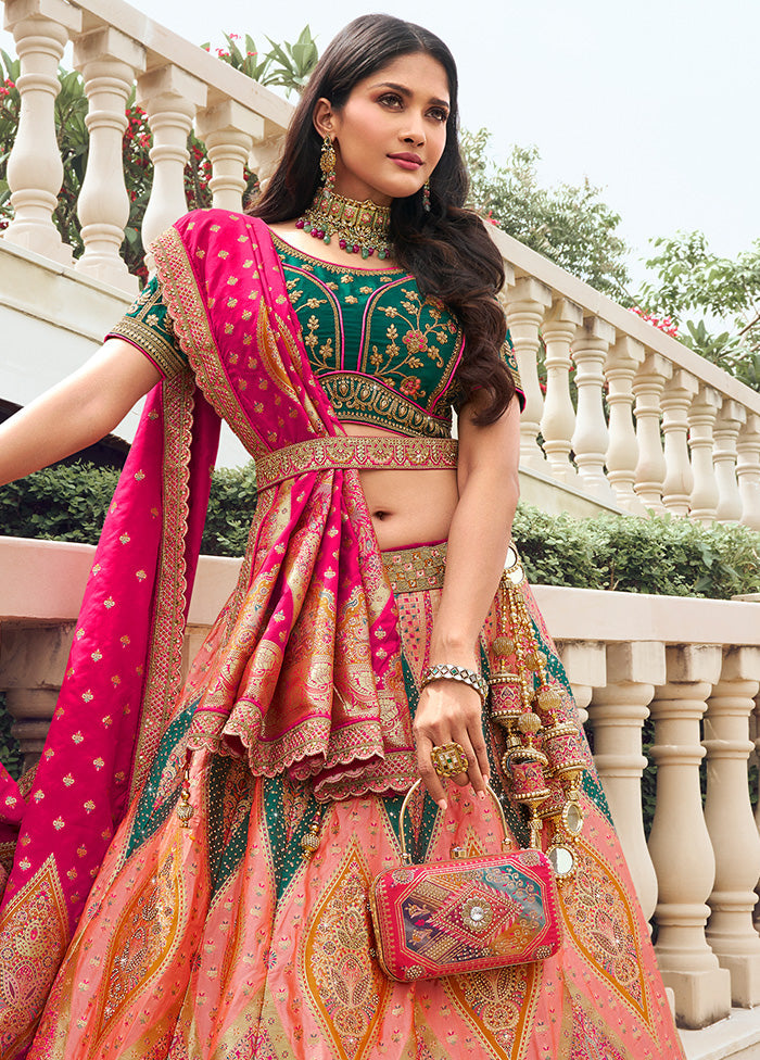 3 Pc Peach Silk Semi Stitched Lehenga Set Sale Cheapest Pice