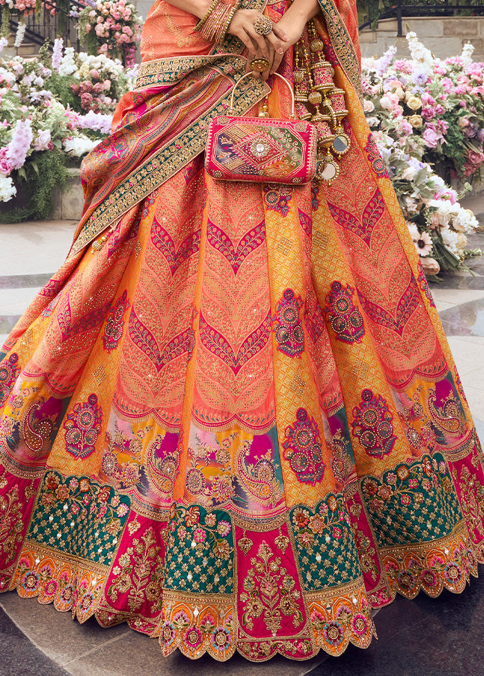 3 Pc Multicolor Silk Semi Stitched Lehenga Set Quality Free Shipping Low Pice