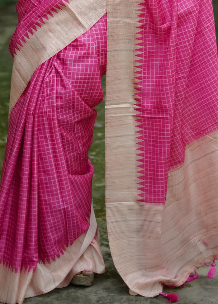 Pink Tussar Silk Saree With Blouse Piece Visit New Sale Online