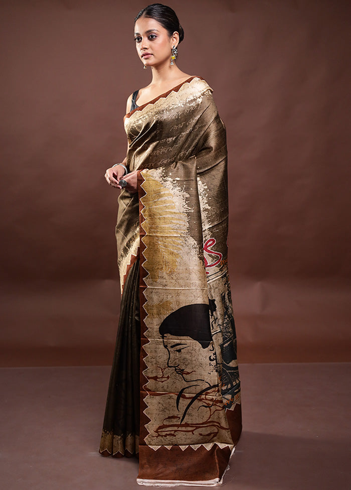 Brown Printed Pure Silk Saree Without Blouse Piece For Sale