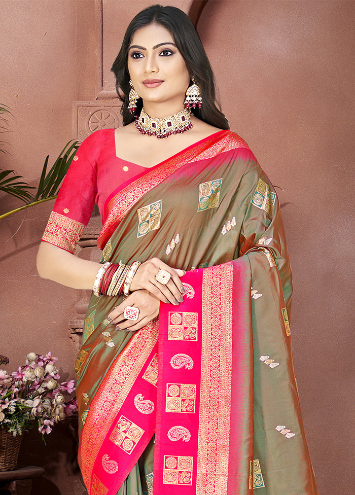 Olive Green Dupion Silk Saree With Blouse Piece Clearance Big Sale