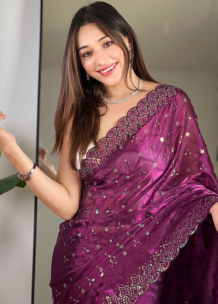 Wine Spun Silk Saree With Blouse Piece Authentic For Sale