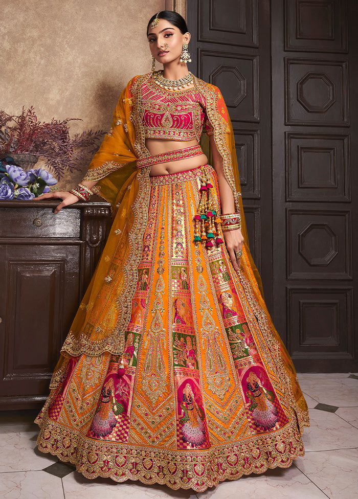 3 Pc Yellow Silk Semi Stitched Lehenga Set Free Shipping Looking For