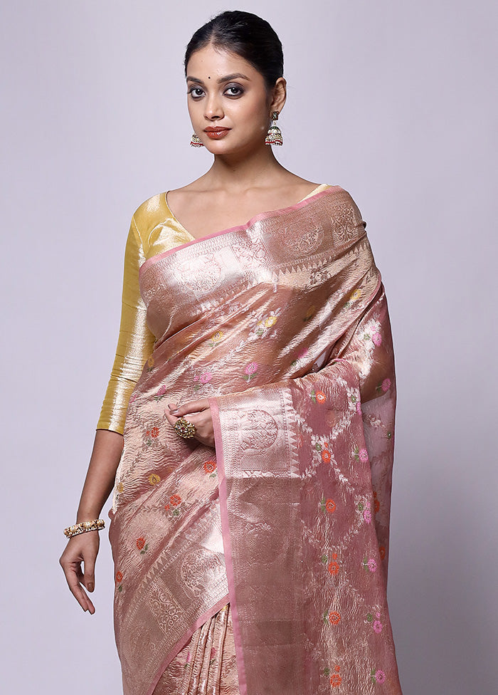 Pink Crushed Tissue Silk Saree With Blouse Piece Sale Free Shipping