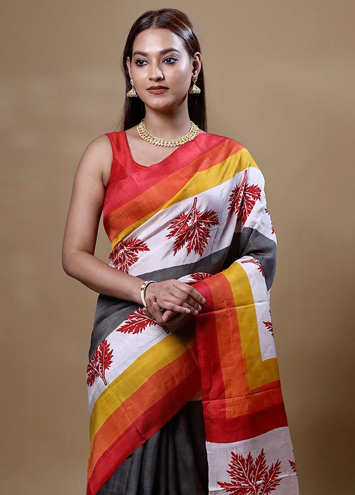 Orange Printed Pure Silk Saree Without Blouse Piece Sast Online