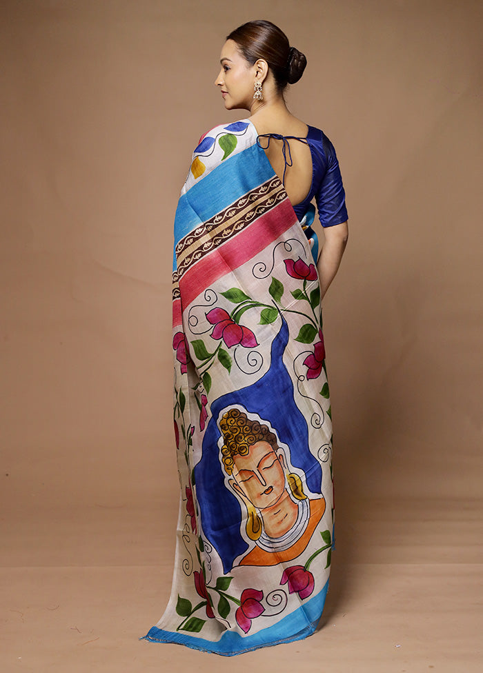 Blue Printed Pure Silk Saree Without Blouse Piece Clearance Manchester